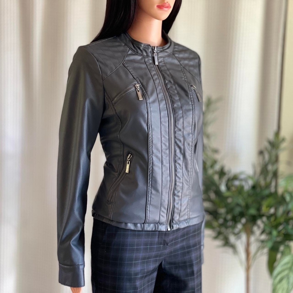 J2 Faux Leather‎ Moto Jacket Gray Motorcycle Biker Zip Up Faux Fur Lined Size S